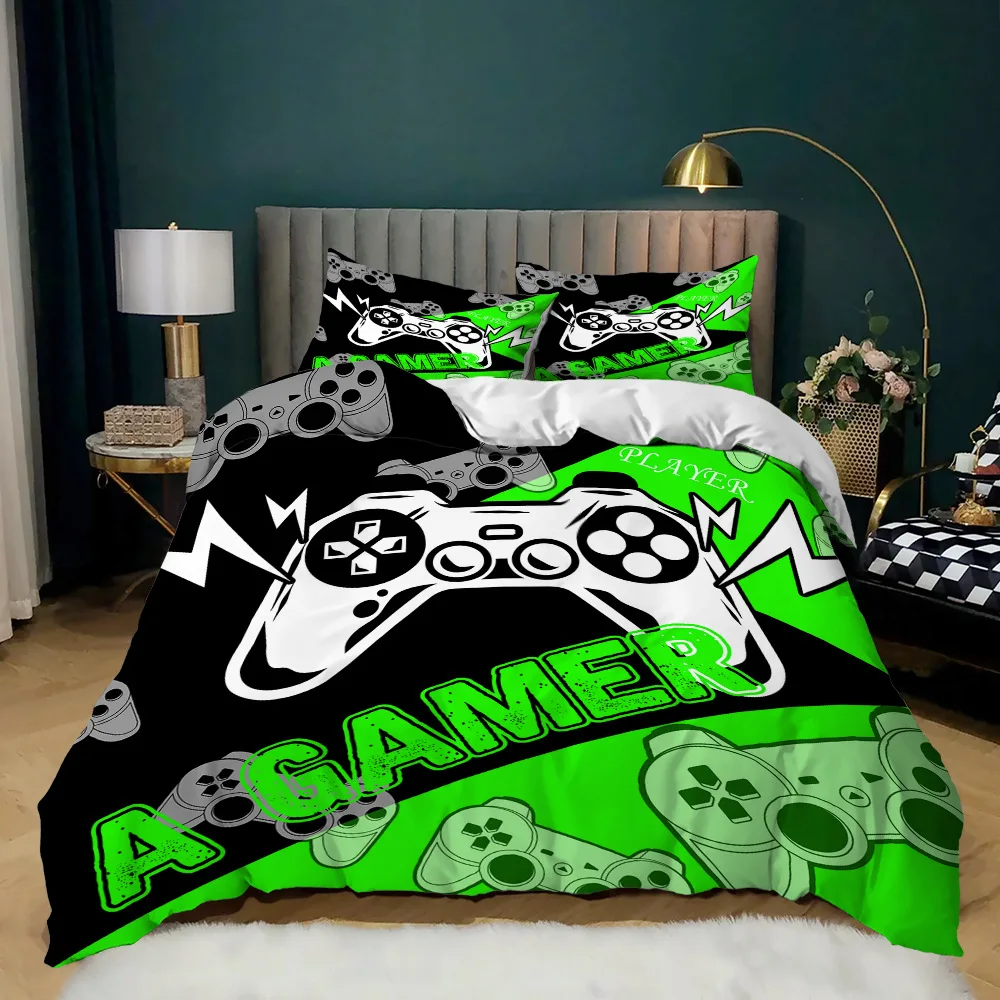 

Game Duvet Cover Set for Boy Teen Video Game Controller King Size Comforter Cover Microfiber Black and Green Gamepad Quilt Cover