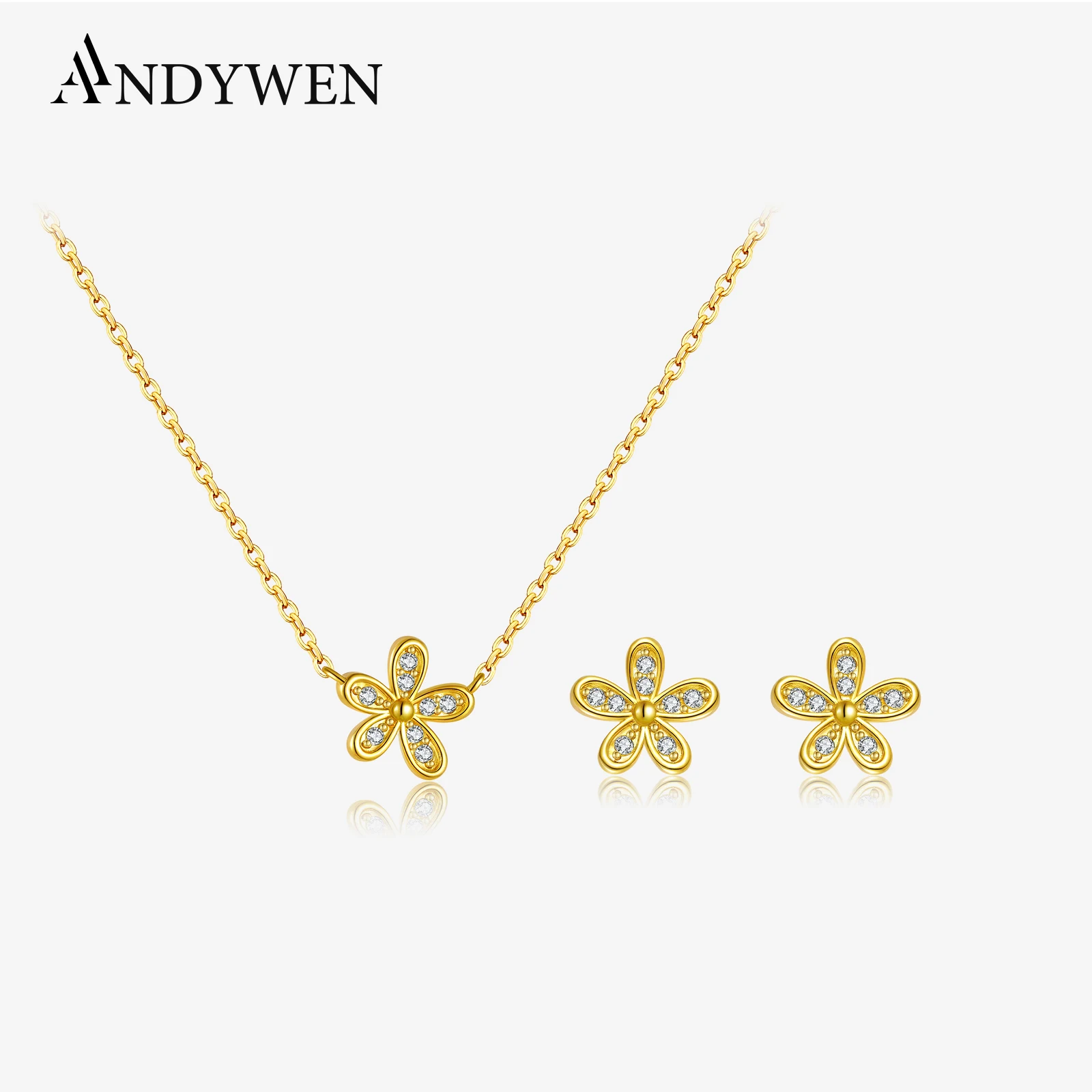 

ANDYWEN 925 Sterling Silver Flower CZ Zircon Pendant Necklace Chain Stud Earring for Wedding Party Daily Jewelry Set