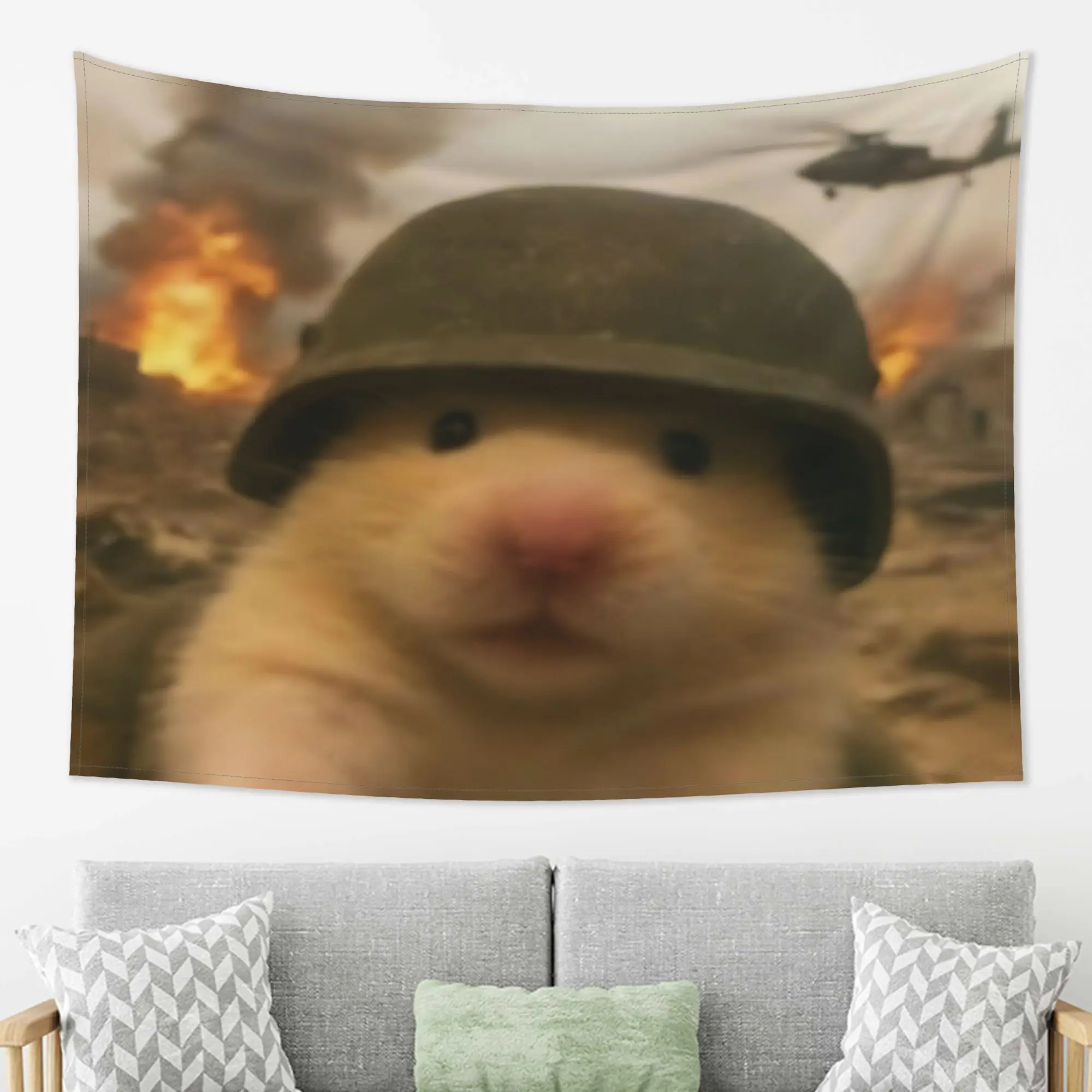 VIKAMA Funny Hamster Meme Tapestry, Soldier Helmet War Wall Hanging, Cool Aesthetic Room Decor for Bedroom Dorm College