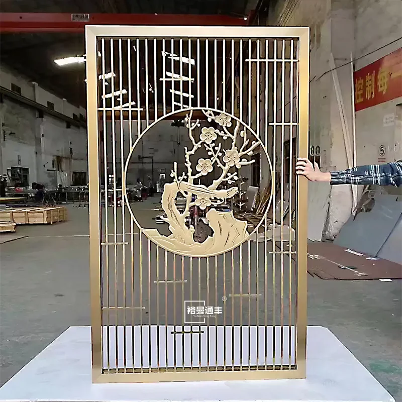 Art Deco Round Glass Screen Partition for Hotel Restaurant Lobby New Chinese Style Stainless Steel Landscape Divider Decor