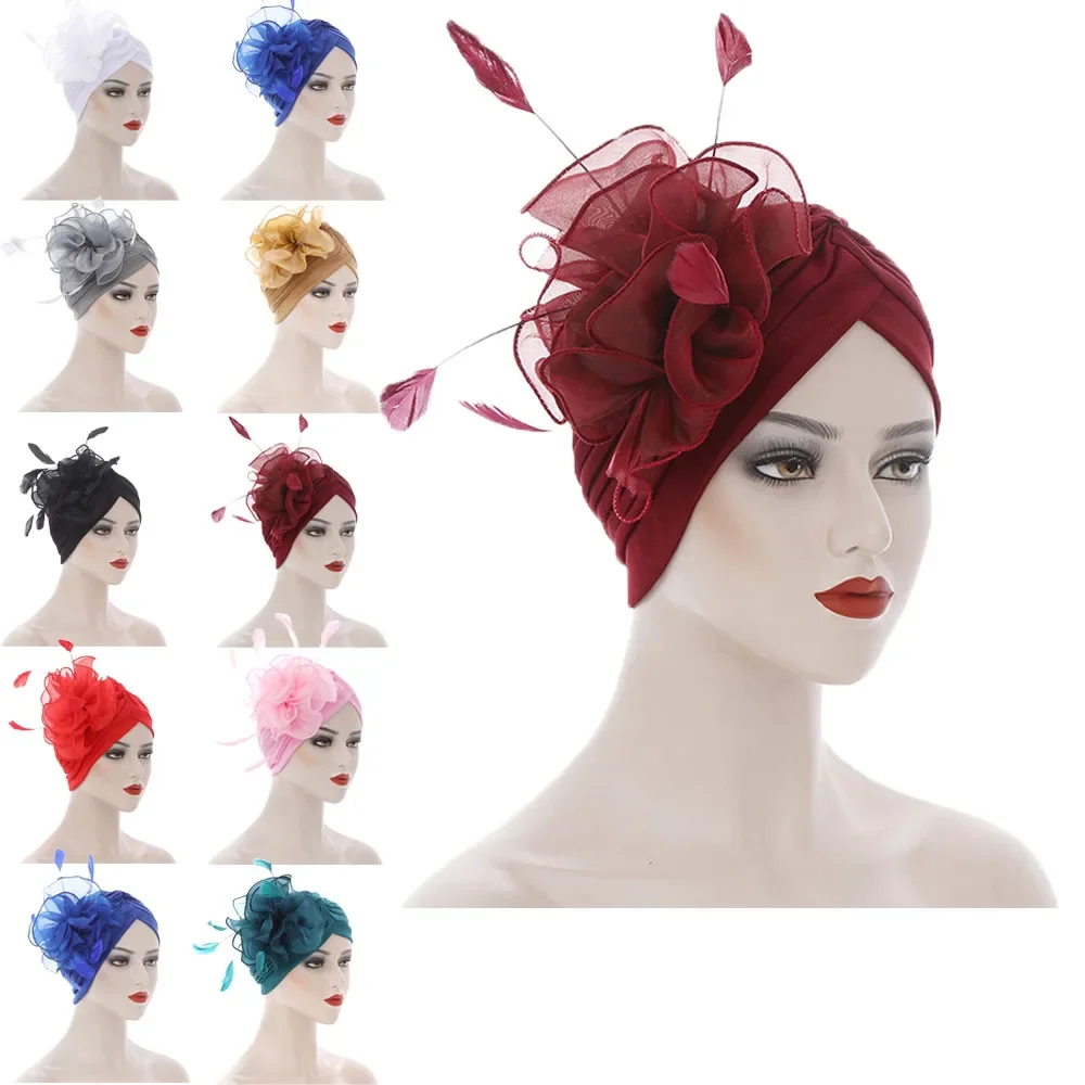 

Винтажный женский тюрбан с перьями и цветами, ретро женская вечерняя повязка на голову в африканском стиле, Нигерия, элегантный платок, капот, тюрбан