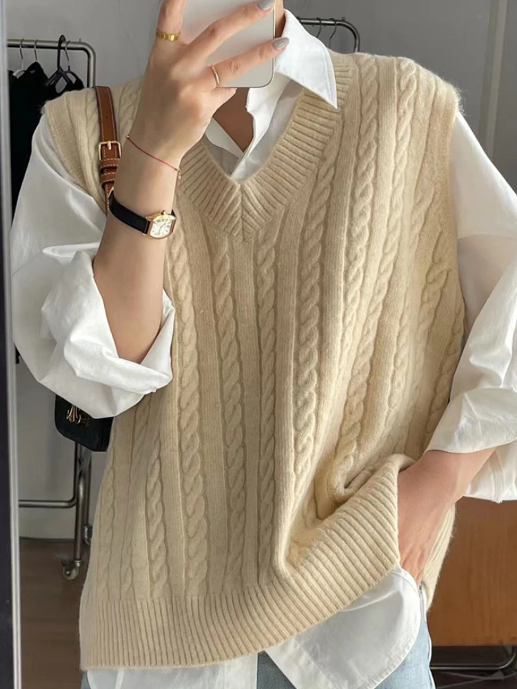 Traf Sweater Cardigan Sleeveless Women Top Solid Sweater Knitted Vest Commuter Style Clothes Preppy Look Autumn Winter Woolly