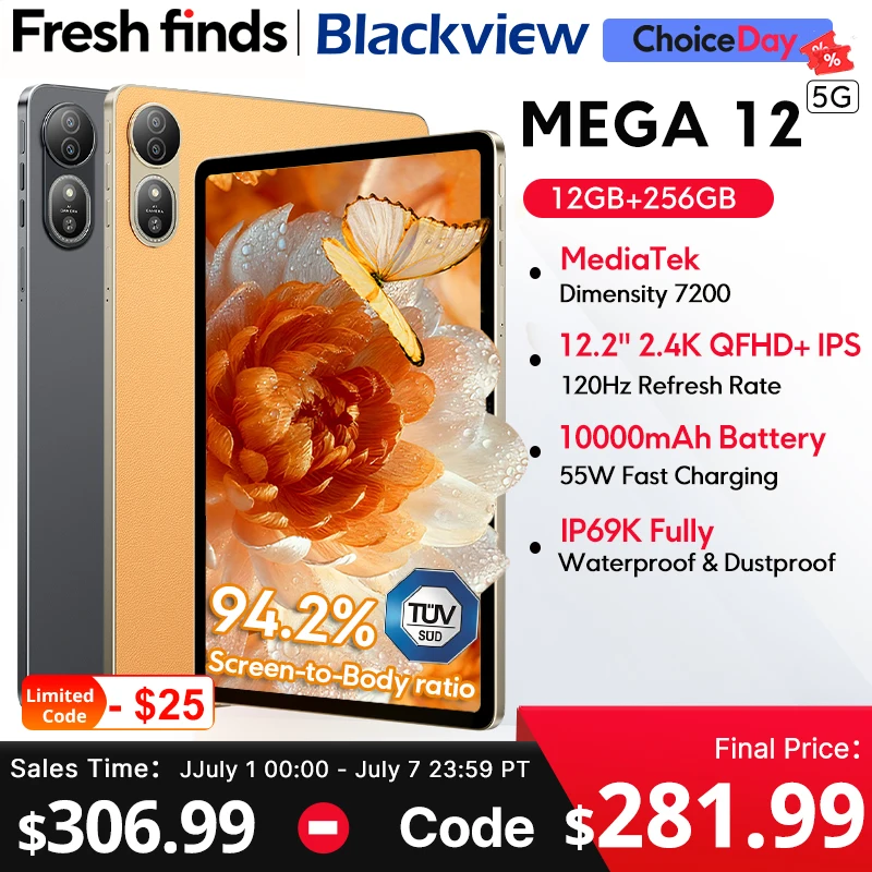 World premiereBlackview MEGA 12 Tablet 5G 12.2" 2.4K 120Hz Display Dimensity 7200 CPU IP69K Waterproof 50MP 10000mAh Pad PC