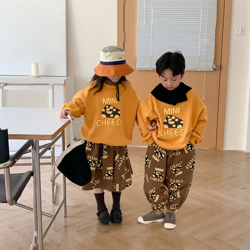 Korean Spring Autumn Children Sibling Clothes Set Printed Cheese Shirts Baby Boy Suit Loose Stretch Pants Kid Girl Skirt Outfits