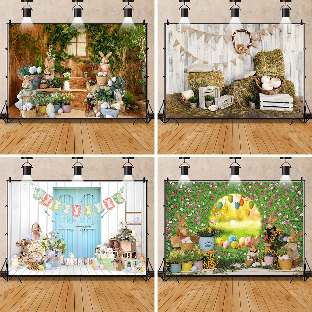 Laeacco Spring Easter Backdrop Rabbit Flower Indoor Decor Baby Shower Portrait Photography Background Bunny Gray Plank Photocall