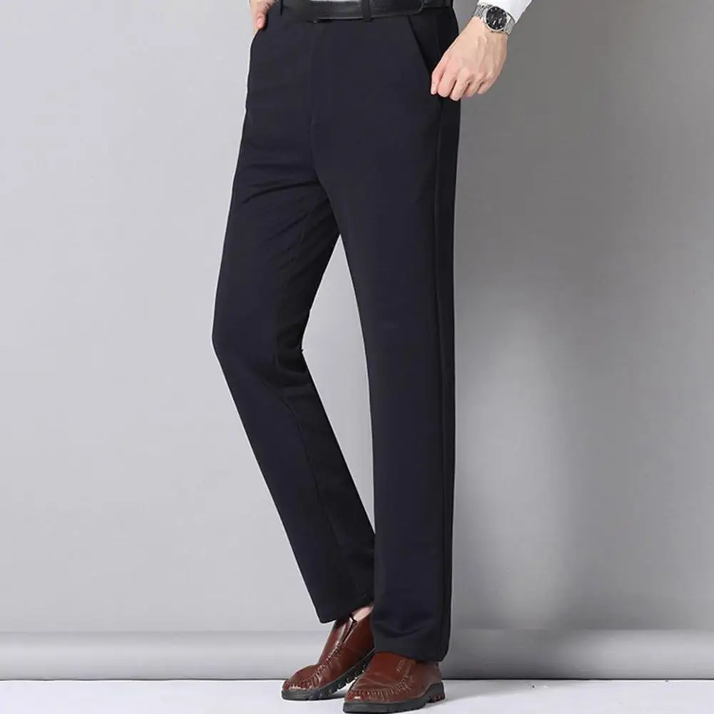 Calça reta de pelúcia quente masculina, calça elegante para negócios, cintura alta, crotch profundo, bolsos aconchegantes, terno com bolsos