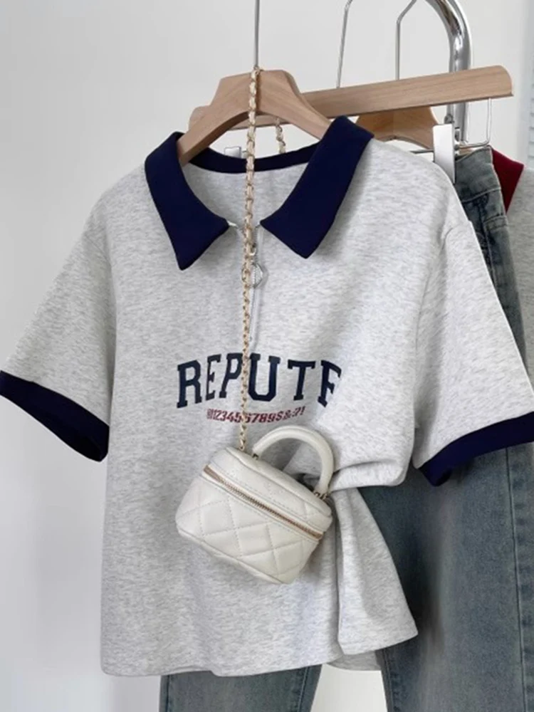Slim Fit Short Sleeve  Neck T-Shirt Women's College Style Dark Blue Half Zipper Top Korean Version Loose Style Summer Wear