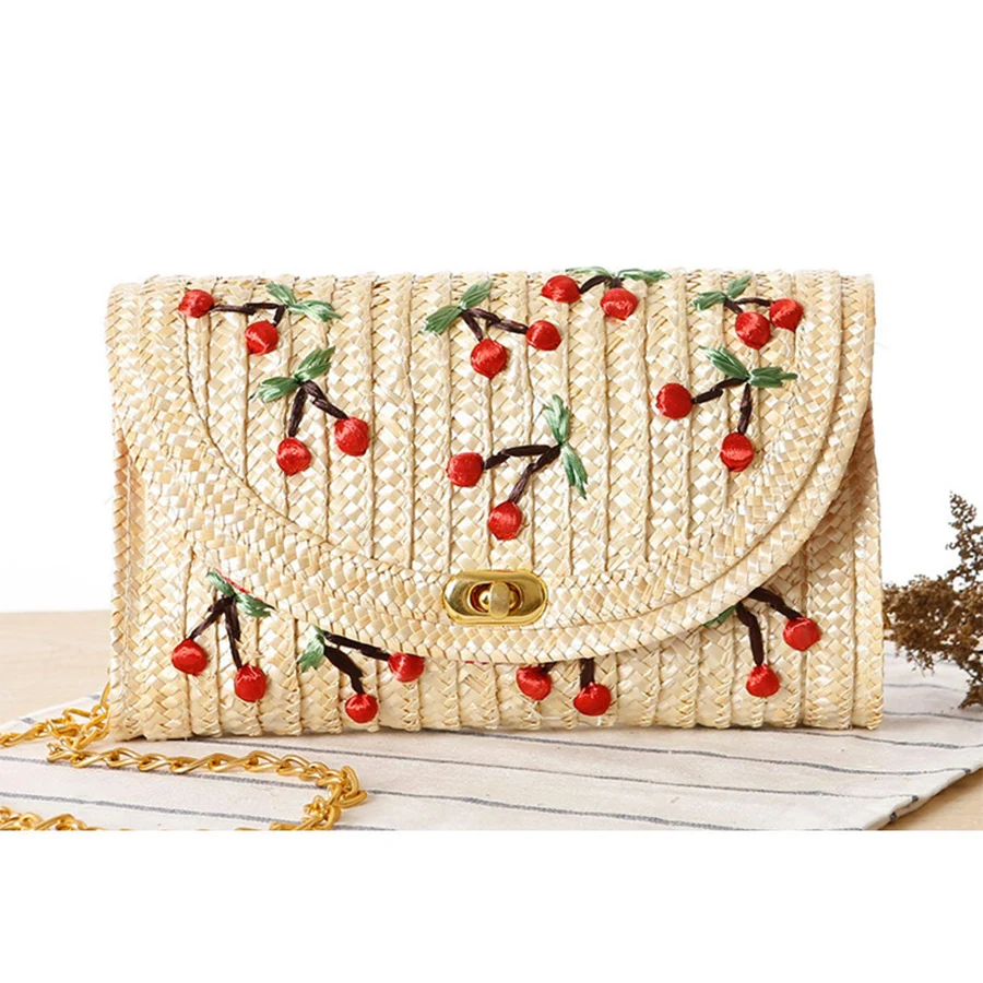 

Fashion Cherry Embroidery Handmade Women Straw Bag Summer Envelope Wallet Multi-color Beach Holiday Woven Bag Female Coin Purses