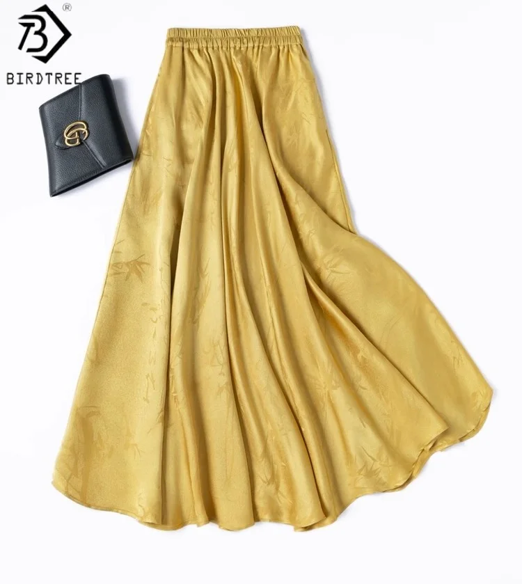 

Birdtree Summer 21MM 100% Mulberry Silk Bias-cut Skirt,Women Jacquard Elastic Waist Solid Color Loose Skirt,2025 New D56514JF