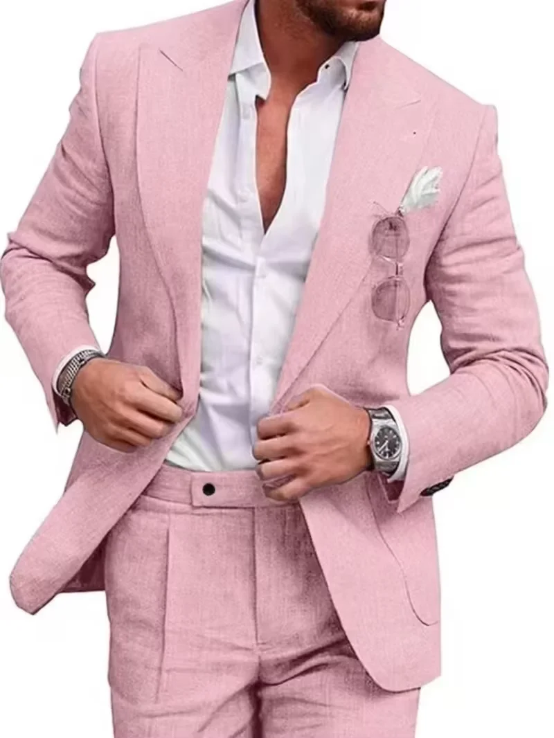 Men\'s Linen Set 2-Piece Slim Fit Suit Summer Beach Wedding Set  One Button Tuxedo Linen Suit Jacket And Pants Set