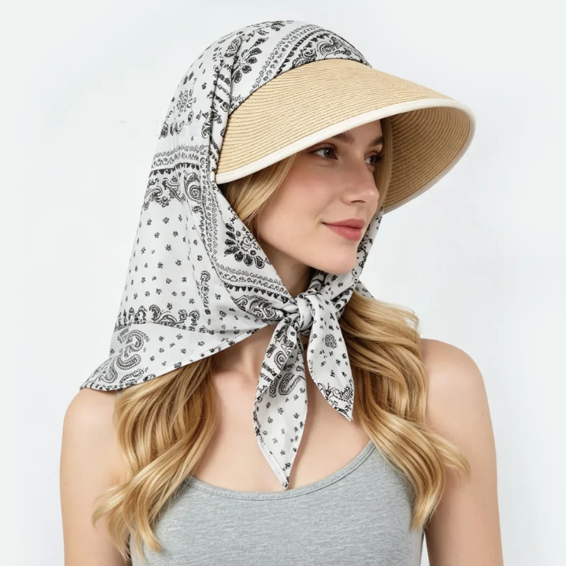 Women Retro Neck-protection Sun Hat Summer Seaside Vacation Style Woven Straw Visor Hat Breathable Sunshade Headband Sun Caps