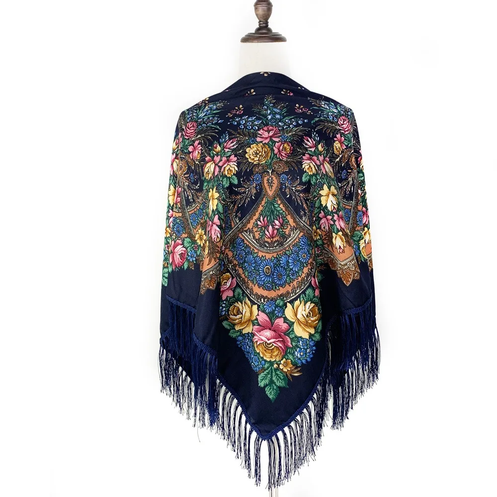 Luxury 130x130 cm Square Scarf Floral Print Cotton Twill Fringed Shawl with Tassel Vintage Ethnic Style Scarf For Women Girls