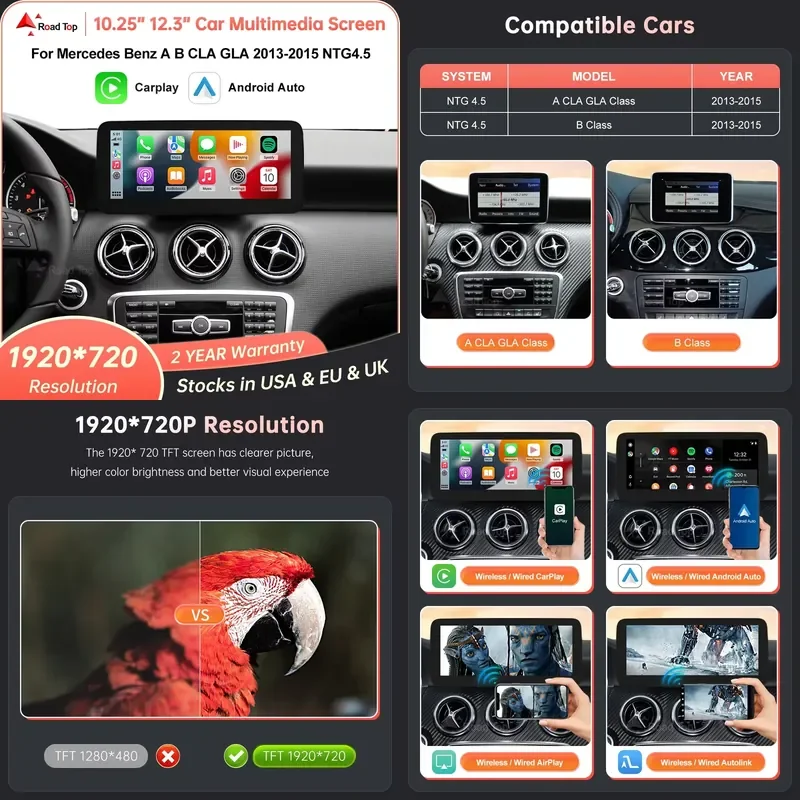 2026 hot sale RoadTop Wireless CarPlay Android Auto Car Multimedia Linux Touch Screen for A B CLA GLA W176 W246