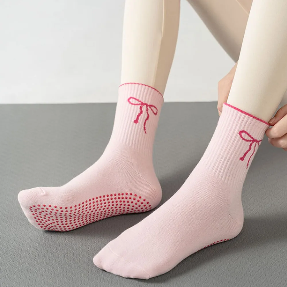 New Cotton Pilates Socks Harajuku Street Breathable Bowknot Embroidery Socks Sweat-absorbent Non-Slip Grip Yoga Socks