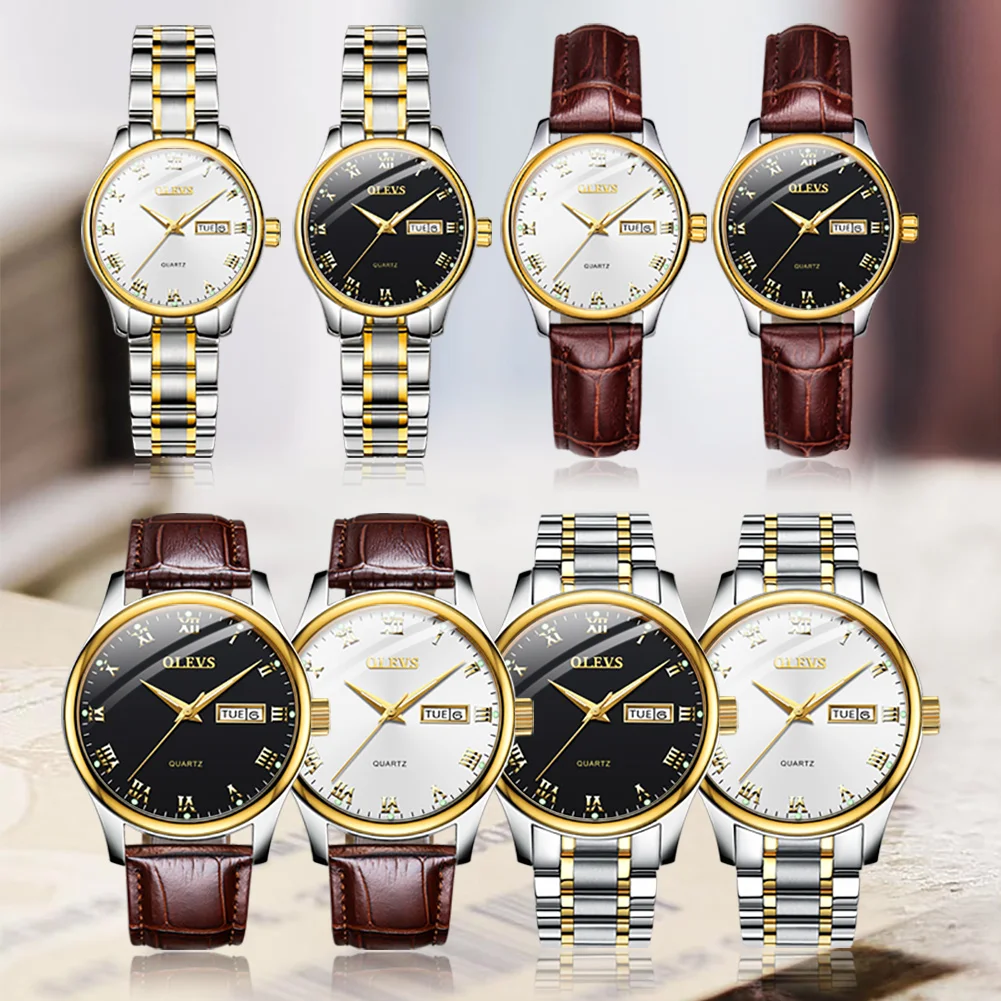 Olevs Top Klassieke Paar Quartz Horloge Mode Waterdichte Lichtgevende Rvs Lederen Band Zakelijke Paar Quartz Horloge