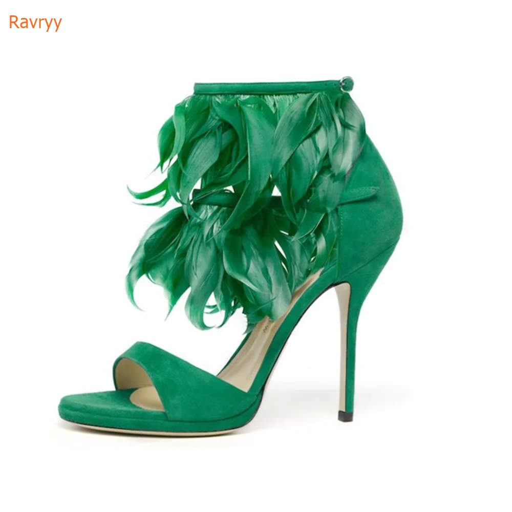 

Green Feather Heel Stiletto Sandals Ankle Strap Pointed Toe Shoes Party Cover Heel Zipper Ladies Sandals Thin High Heels