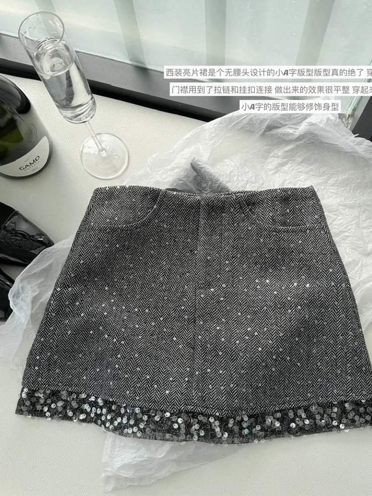 

Fashion A-Line Skirt Gyaru Mini Bottoms High Waist Slim Fit Sequins Sparkly Sexy Grey Skirt Coquette Streetwear American Retro