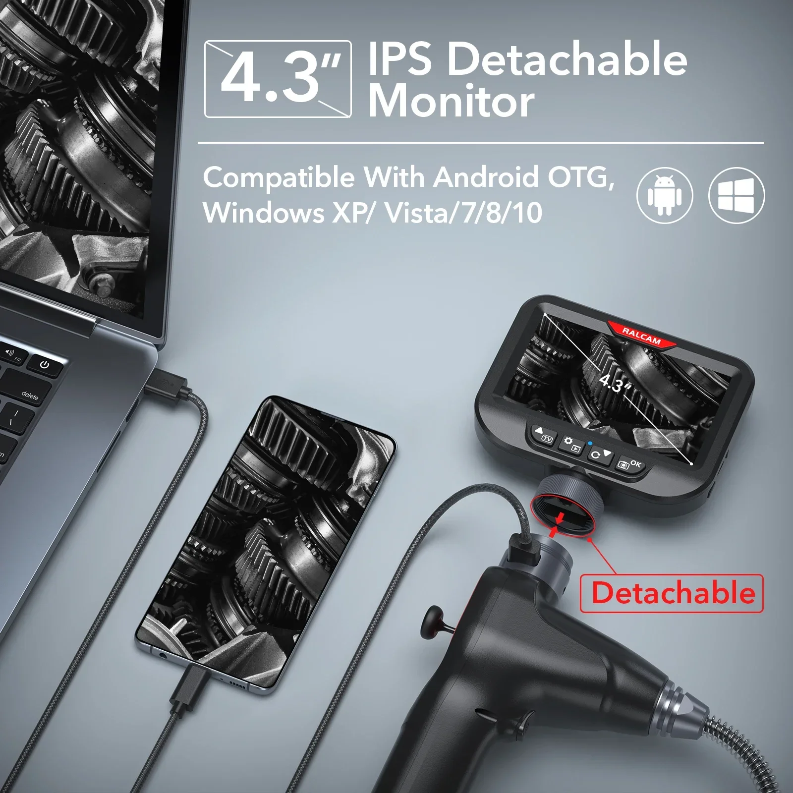 Periscopio automobilistico a 4 vie da 6 mm Telecamera per endoscopio per macchina per ispezione monitor LCD Ips da 4,3 pollici con rotazione