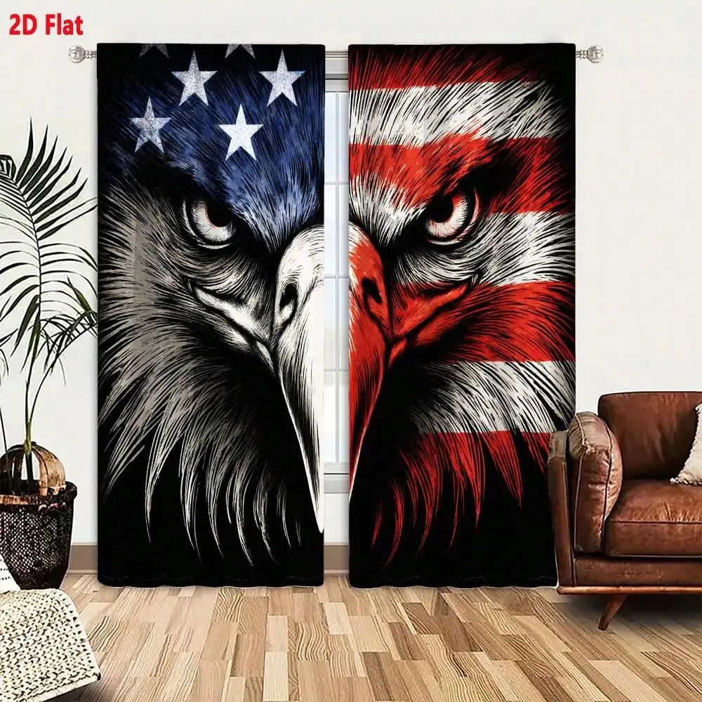 2D Flat, 2pcs Patriotic American Flag & Bald Eagle Curtains - Semi-Sheer Window Drapes With -WB- Stripes, Bald Eagle Head