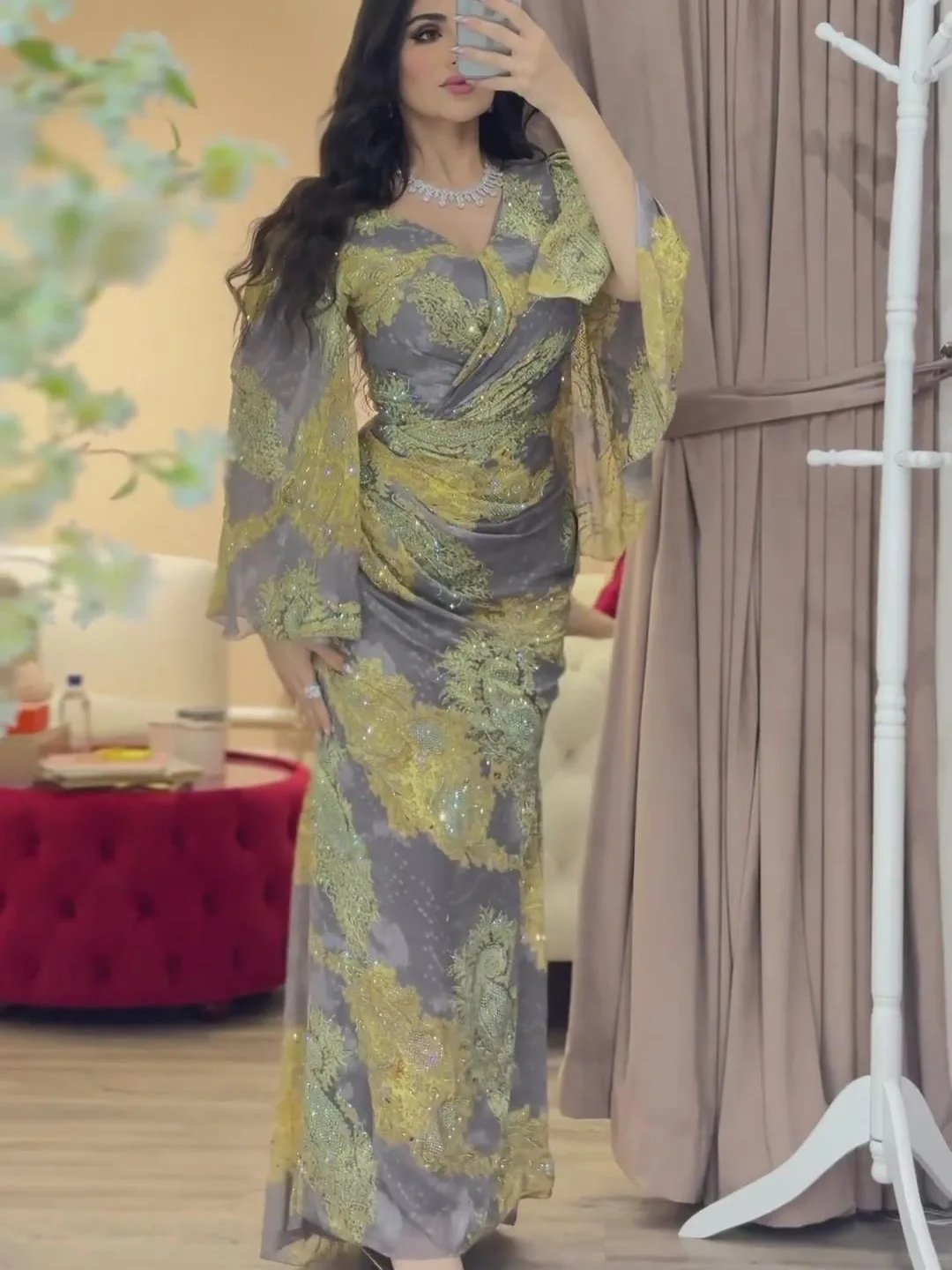 2024 春夏レディースセクシーなシフォンプリント眩しいボールイブニングドレス