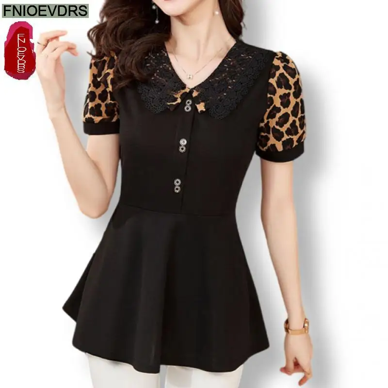 M-5XL Fashion Shirt 2024 Women Summer Elegant Office Lady Casual Button Shirts Retro Vintage Black Leopard Peplum Tops Blouses