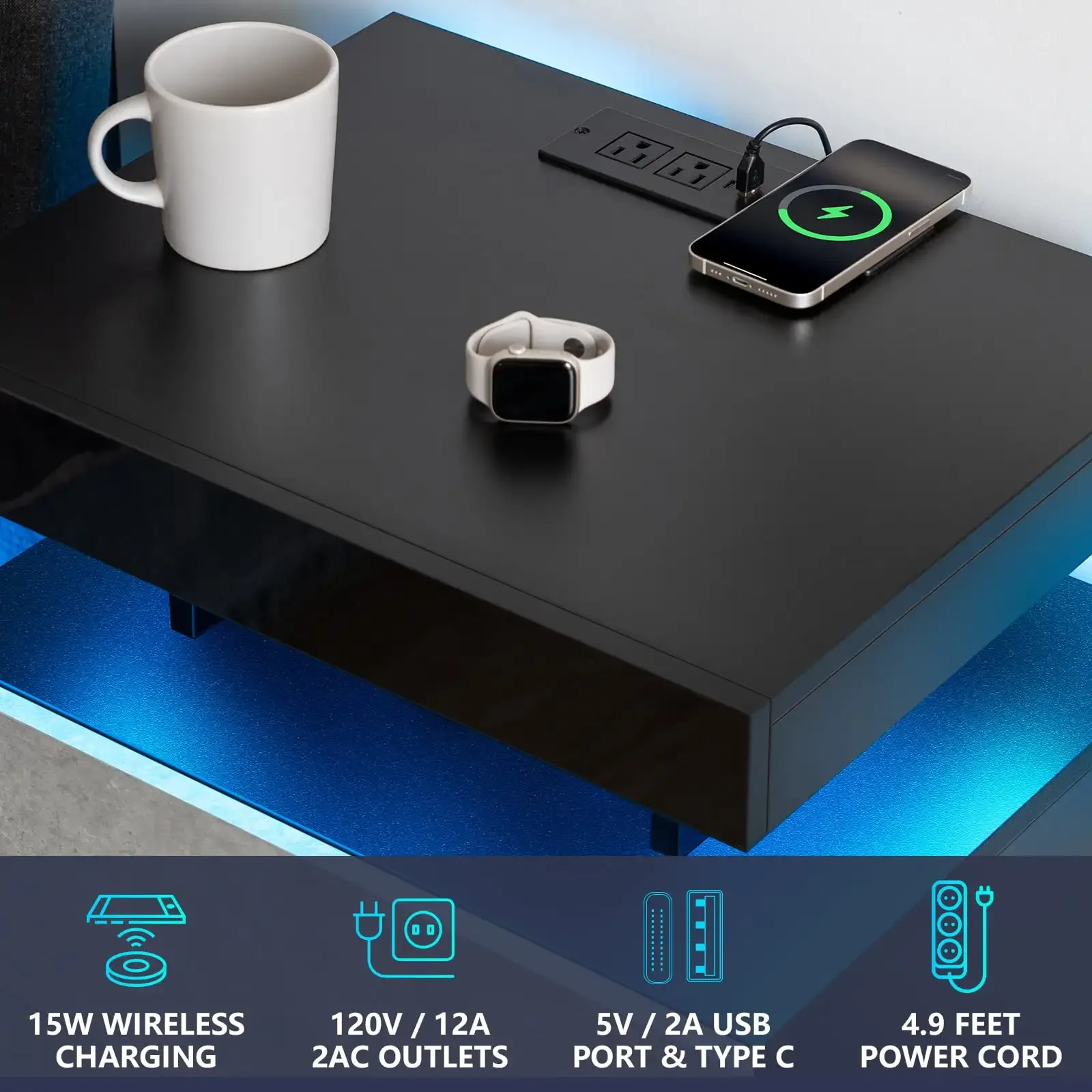 LED Nightstand with Wireless Charging Station Modern Nightstand Type C USB Port 2 Drawers Bedside Table