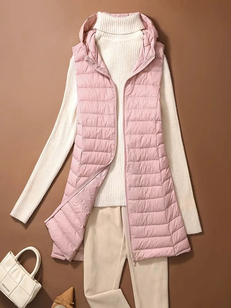 0-10 ℃   ผู้หญิงเสื้อกั๊ก 2025 ฤดูใบไม้ร่วงฤดูหนาว Ultralight เป็ดลงเสื้อแบบพกพา Hooded Quilted เสื้อแขนกุดปักเป้ายาว