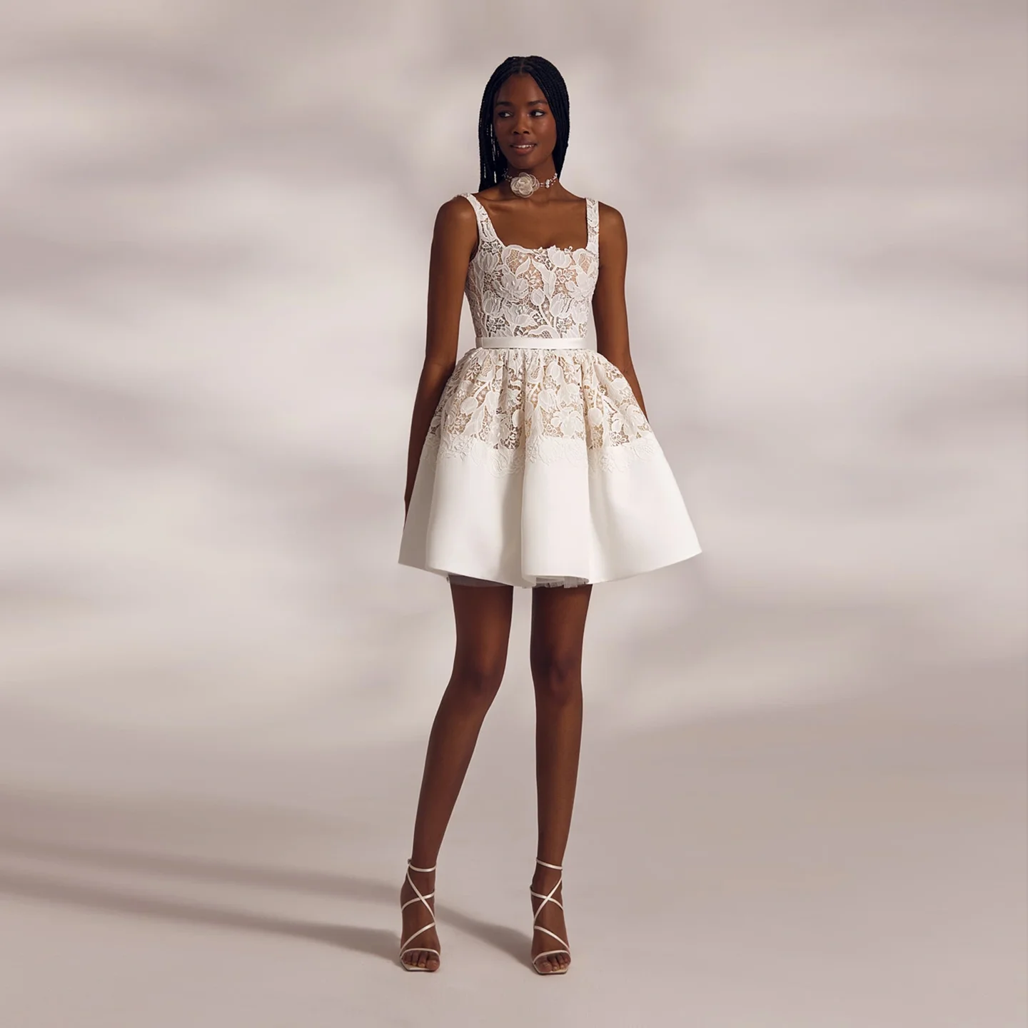 

Sharon Said Elegant Spaghetti Strap Off White Lace Wedding Dress 2025 Backless A-Line Mini Short Bride Gowns SW244 Customized