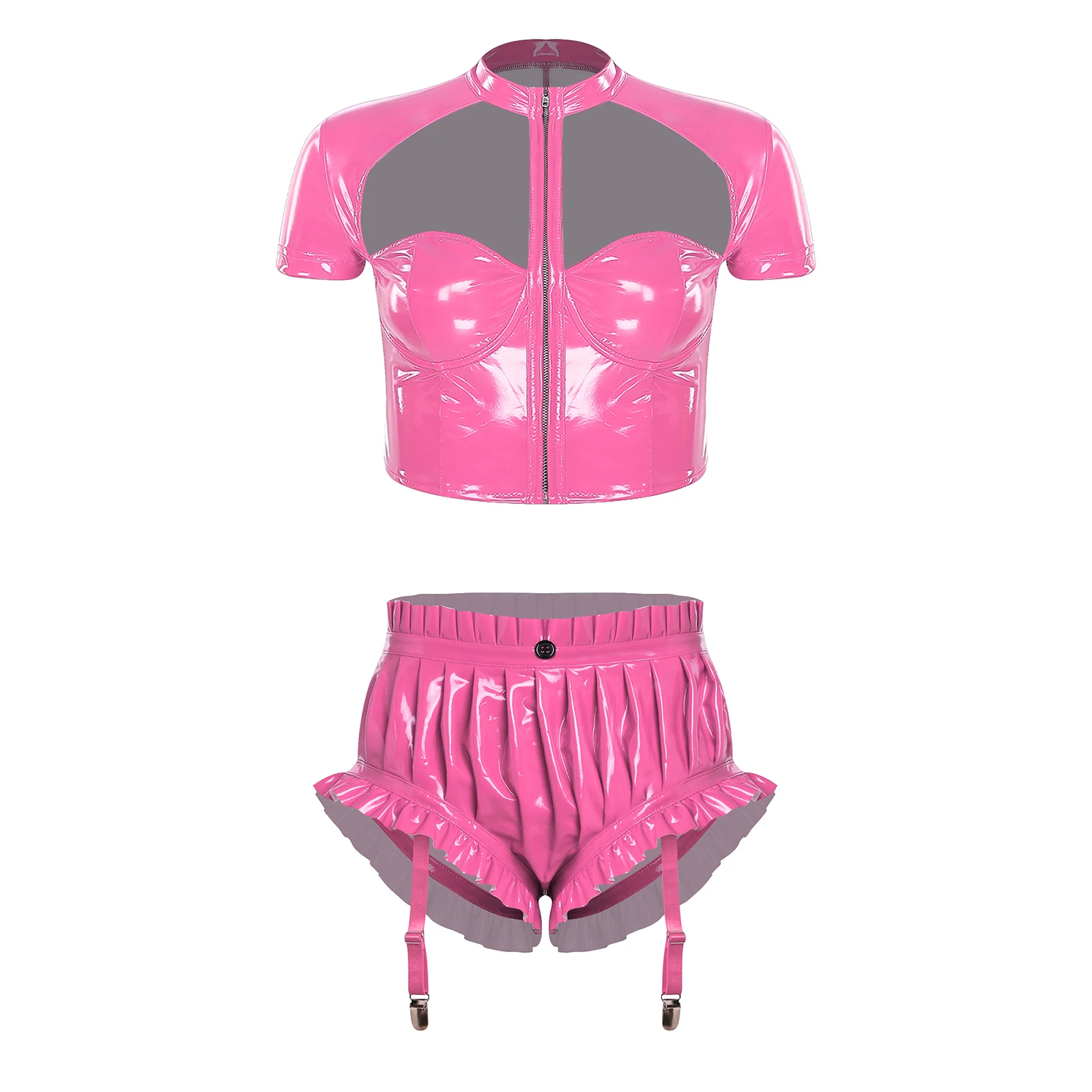 

Womens Wet Look PU Leather Pole Dance Rave Outfit Two Pieces Front Zipper Crop Top Lace-up Zipper Crotch Knickers Briefs