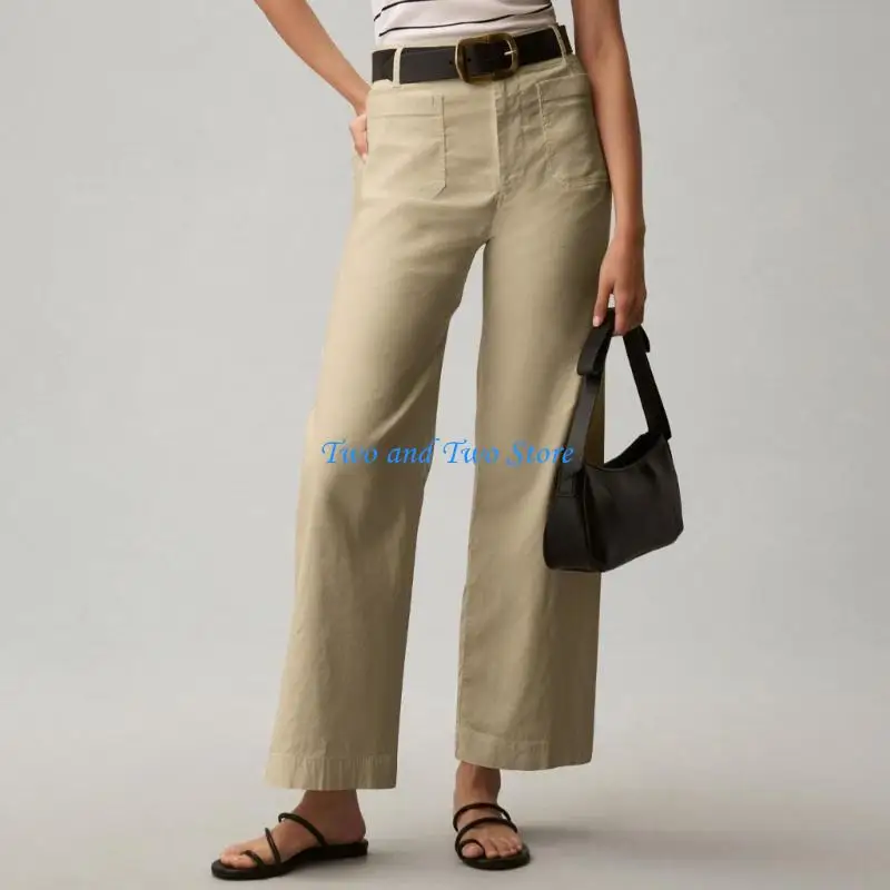 HX6F Women's stretch twill cotton cropped wide-leg jeans with pockets, casual ankle-length jeans