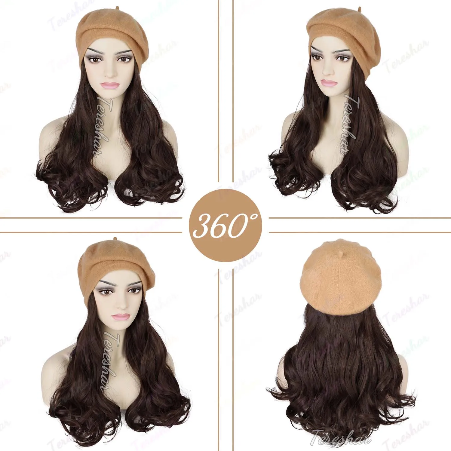 Synthetic Hat Wig Long Curly Wave Wig Black Brown Beret Wig for Women Daily Party Naturally Hat Hair Extensions Wig
