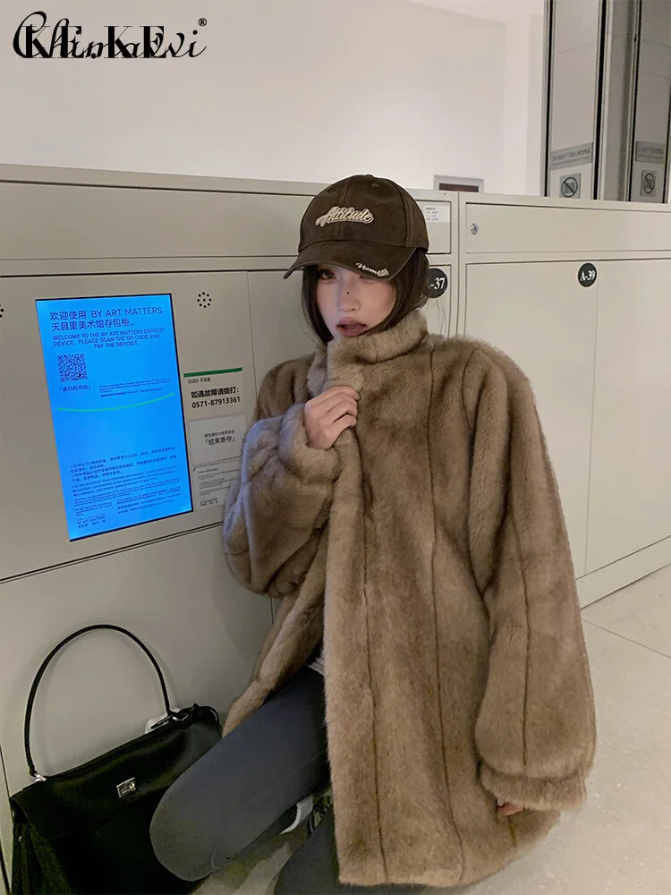 Winter New Mink High-end Fur Coat Women's Fashion Stand-up Collar Vertical Pattern Casual Warm Temperament Fluffy Coat Jackets