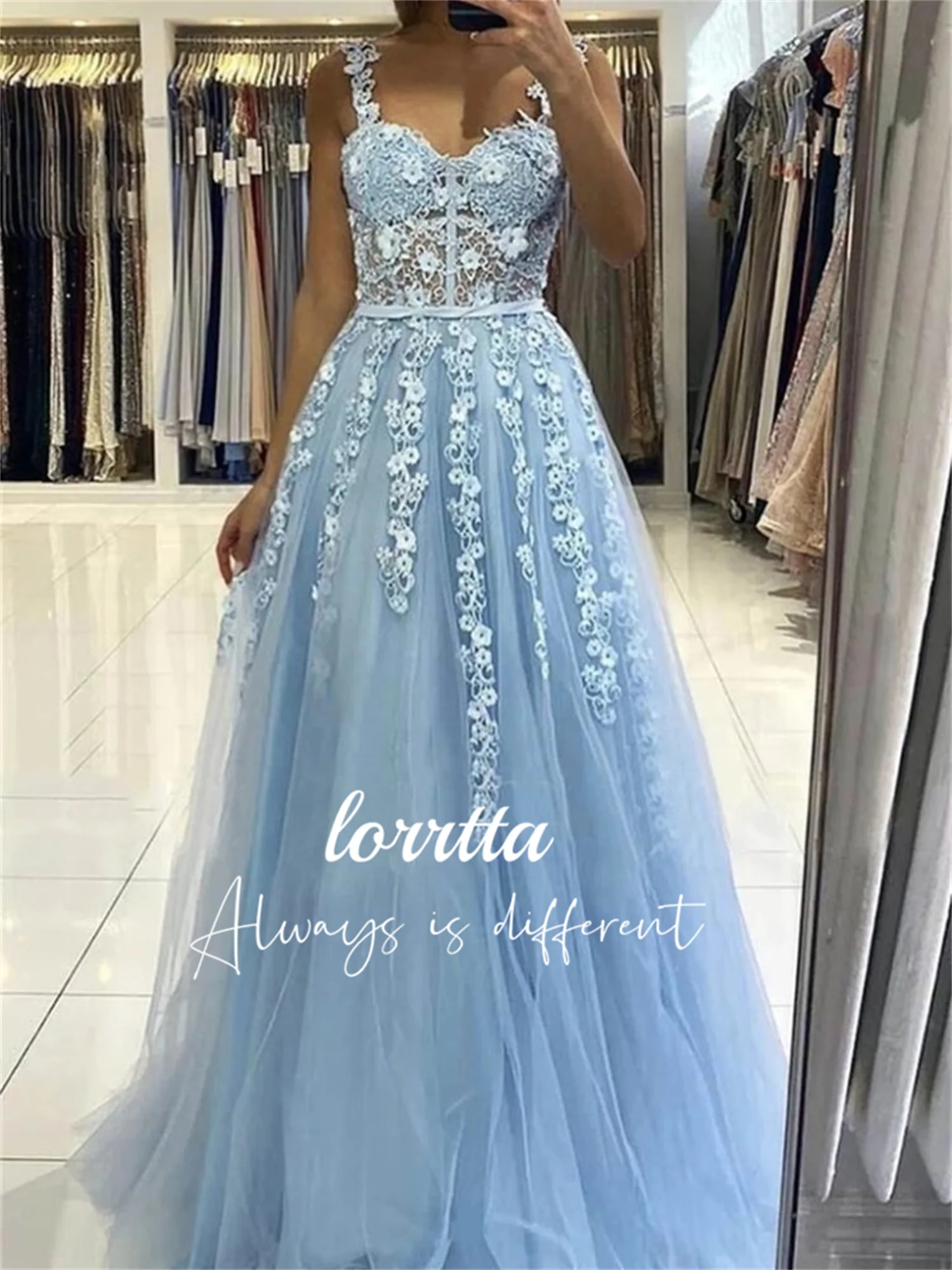 

Lorrtta Sky Blue Elegant Sweetheart Off Shoulder Tulle Prom Gown Fairy Appliqué A Line Evening Gown Floor Length فساتين السهرة