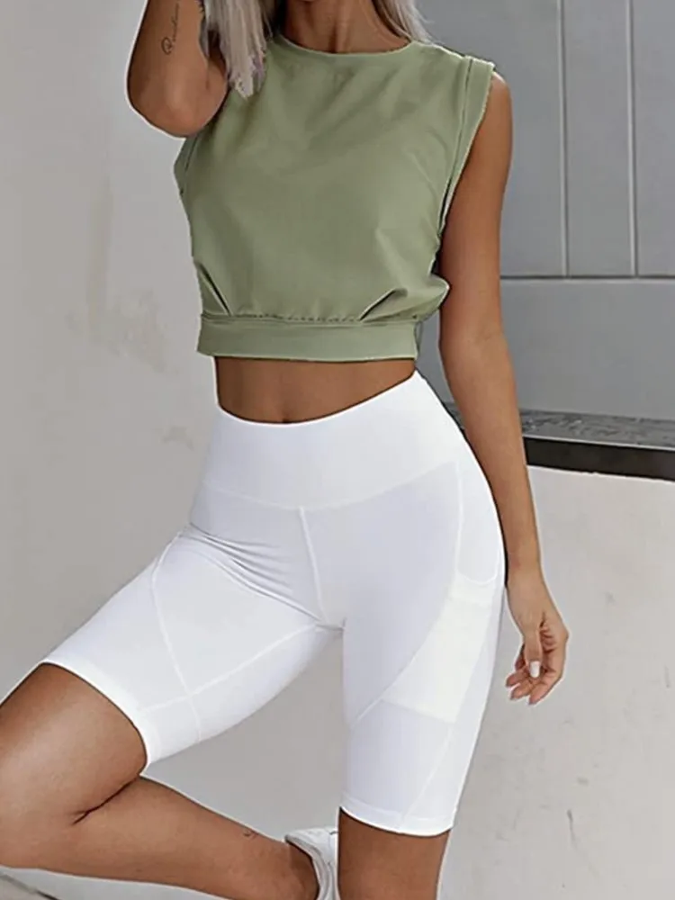 

Spring Women's Casual Solid Color Casual With Round Neck Waist Cropped Short Vest Elegant Women's Outdoor Fitness Loose T-shirt