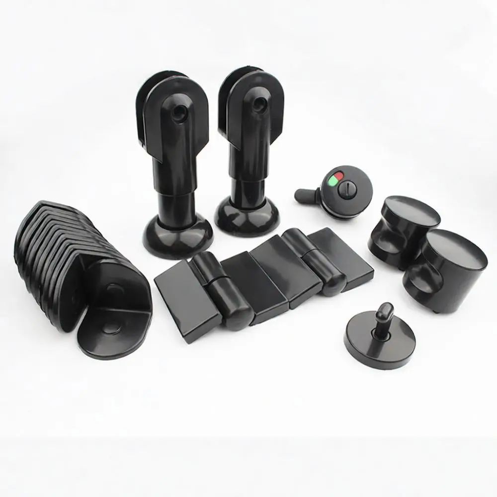 Commercial Bathroom Partition Fittings Set Black Nylon Support Leg Indicator Lock Hinge Corner Code Toilet Cubicle Kit