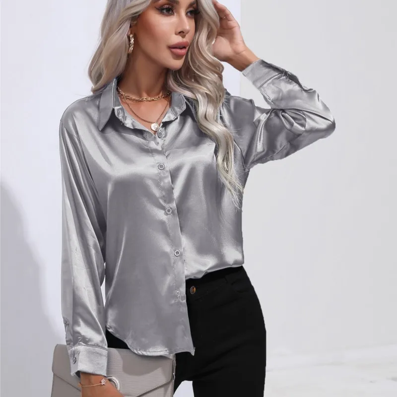 Camisa de cetim de seda superior elegante e confortável manga longa solta ajuste feminino primavera nova moda casual rua botão camisa