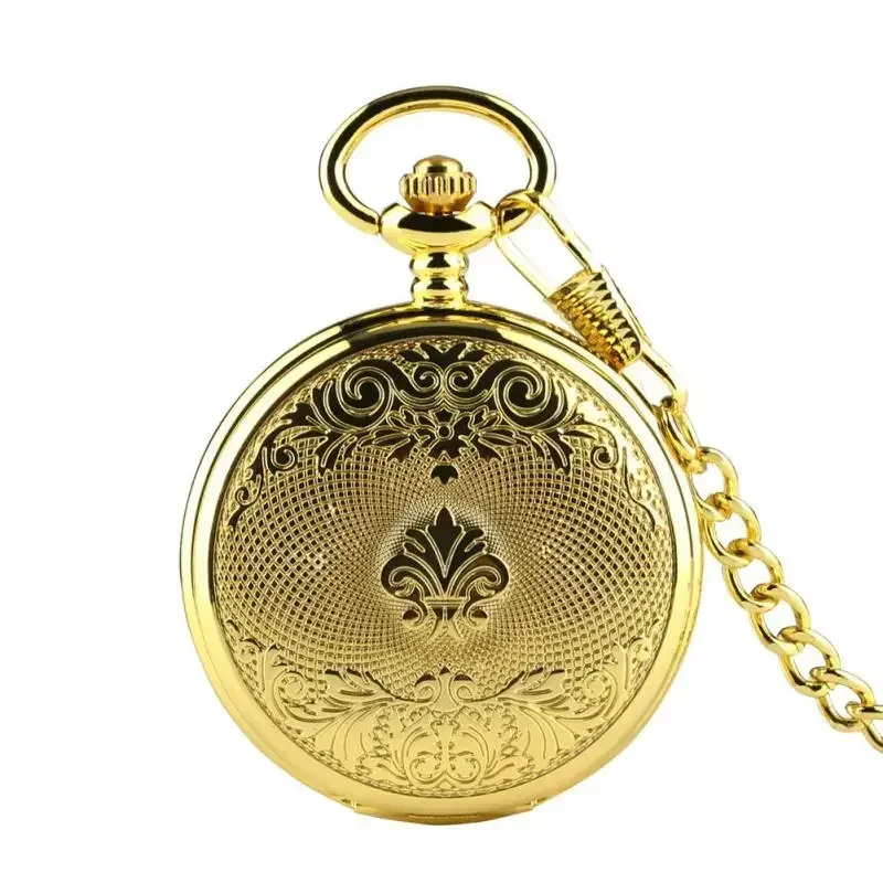 Classic Yellow Gold Men Women Handwinding Mechanical Skeleton Pocket Watch Pendant Chain Clock Arabic Number Dial Watches Reloj