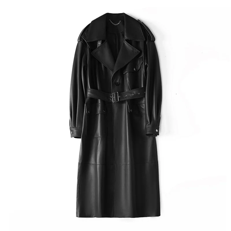 2025 Herbst-Trenchcoat aus 100 % echtem Leder, stilvoll, großes Revers, Silhouette, Schaffell, lange, tiefe Schulter, Schnür-Trench-Outwear