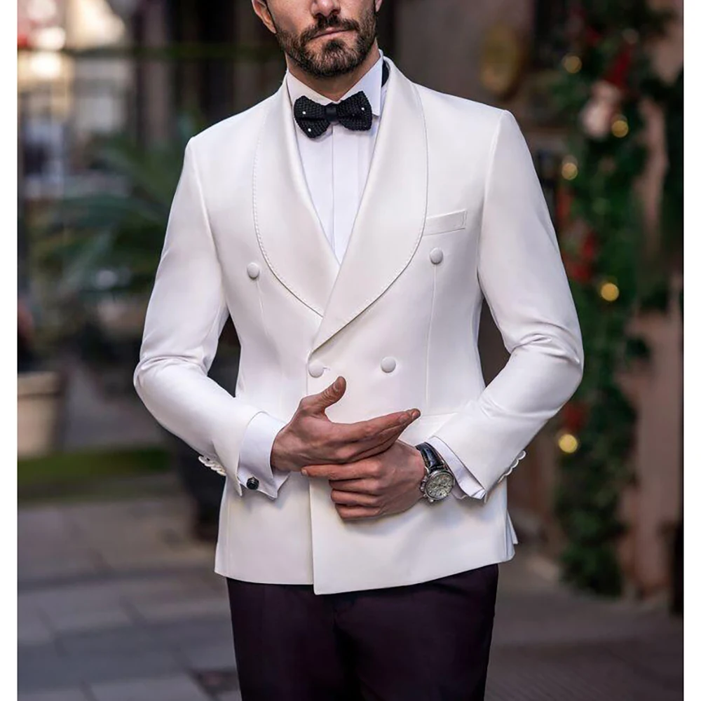 White Blazer Double Breasted Men Suit Two Pieces(Jacket+Black Pants) Lapel Outfits Chic Casual Party Prom Wedding Set