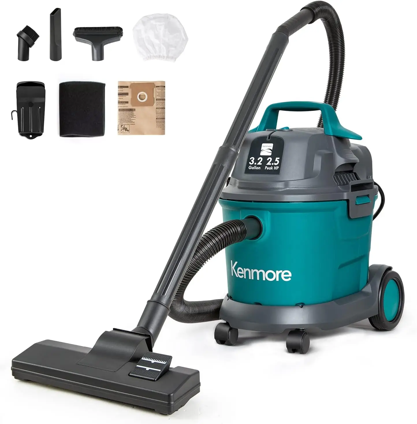 3.2 Gal Wet Dry Vacuum 2.5 Peak HP Canister Cleaner with Extension Wands, Wall Mount, for Garage Car Home
