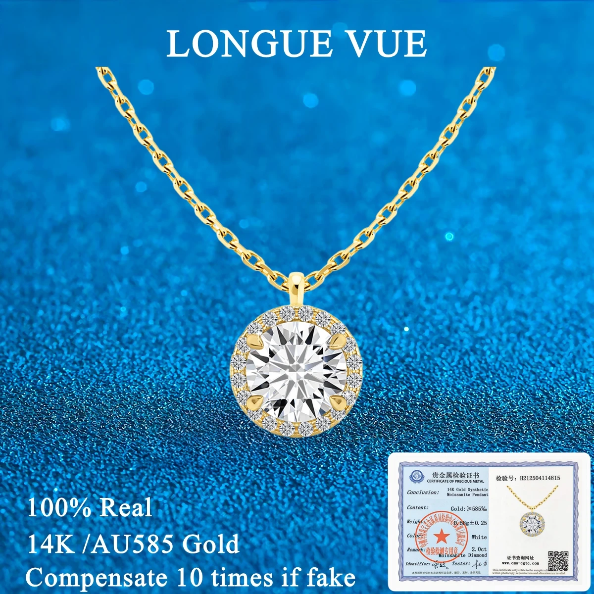 

AU585 Gold 14K 8mm 2ct Round Halo Moissanite Pendant Necklaces for Women Solitaire Choker Wedding Engagement Party Jewelry