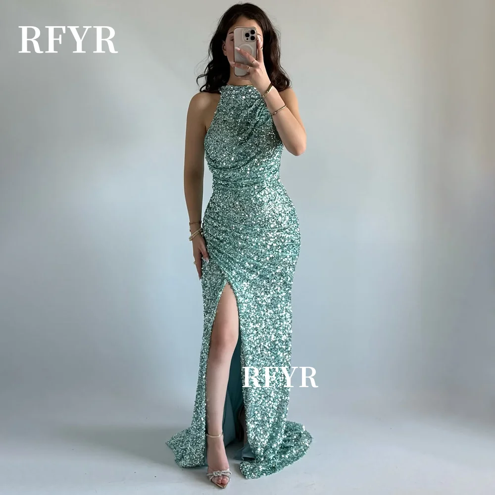 

RFYR Halter Prom Dress Sequins Party Dress for Arabic Women Evening Dress Formal Occasion Dress High Slit vestidos Customized