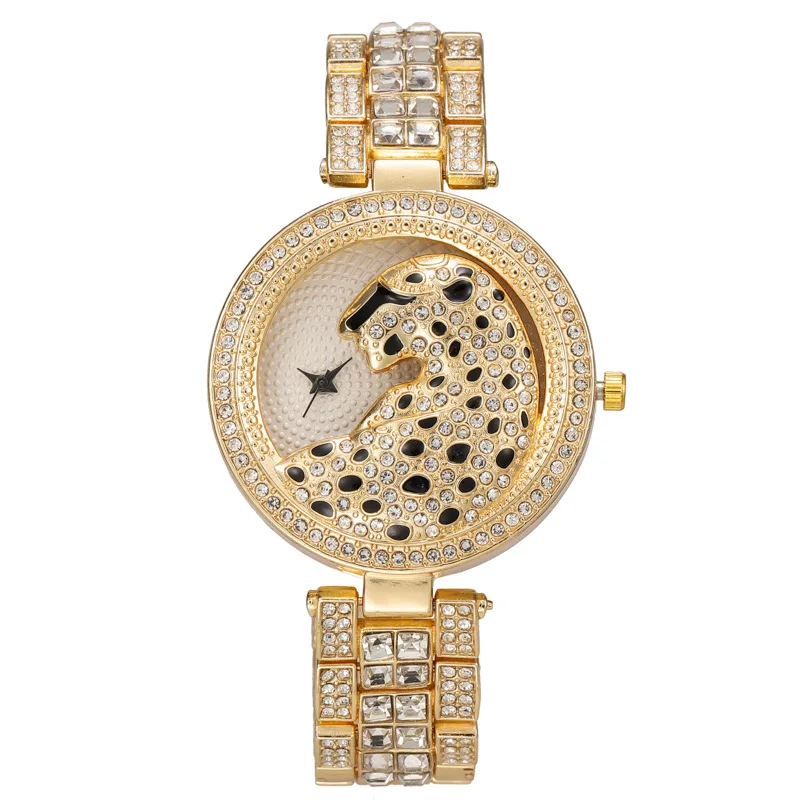 

Personalized Women Watch Luxury Full Rhinestones Quartz Watch 3D Leopard Dial Steel Band Bracelet Wristwatch Female Reloj Mujer