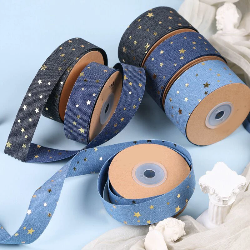 

10 Yards 25MM 38MM Denim Gold Star Ribbon DIY Handmade material Headdress Bow clothing sewing accessories Home decoration