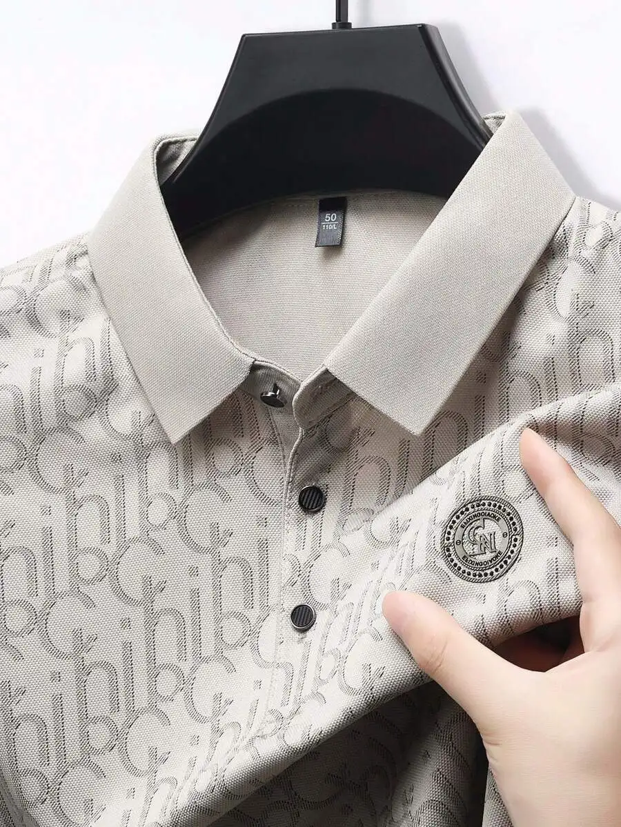 

Men's Lightweight Pique Knit Polo Shirt with Geometric Print, Collar Detail, Business Casual