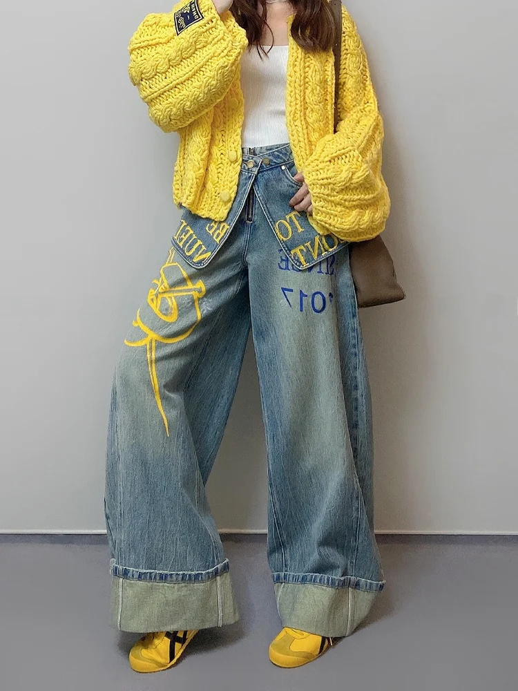 

Американские джинсы с двойным поясом и принтом в стиле пэчворк, женские, в стиле Spicy Girl, имитация двухслойности, с эффектом похудения, длиной в пол