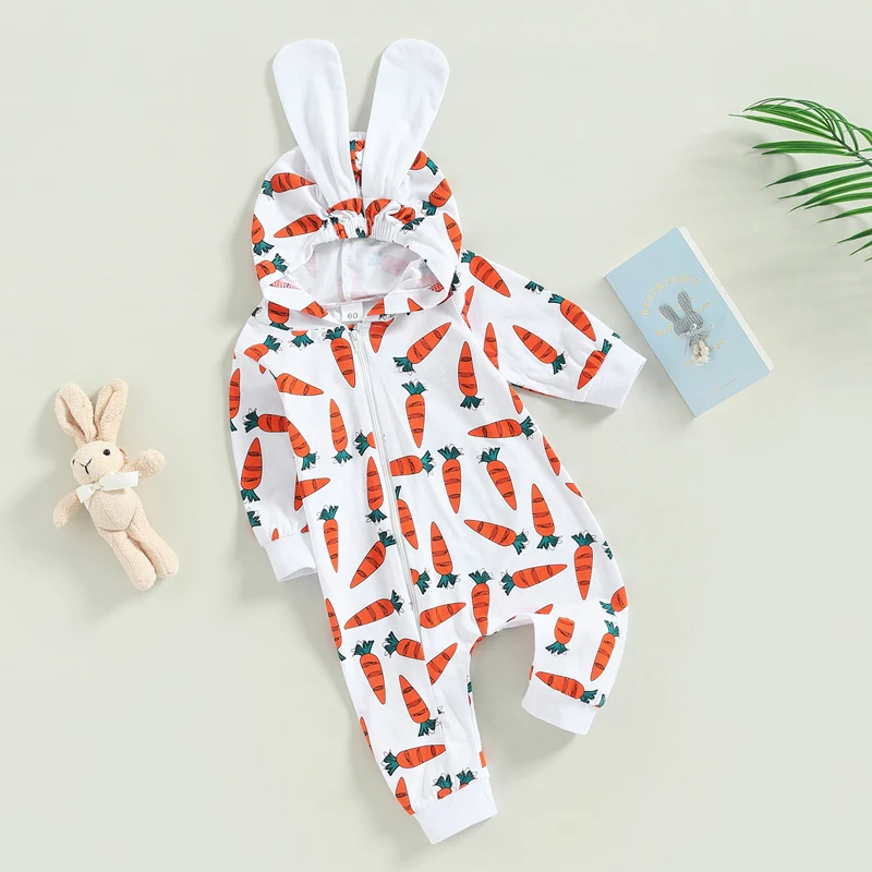 

Newborn Baby Easter Romper Long Sleeve Zip Front Carrot Print Hooded Bunny Jumpsuit