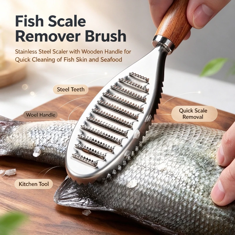 Wooden Handle Stainless Steel Fish Scaler Manual Fish Scale Remover Home Kitchen Descaling Tool Fish Cleaning Scraper