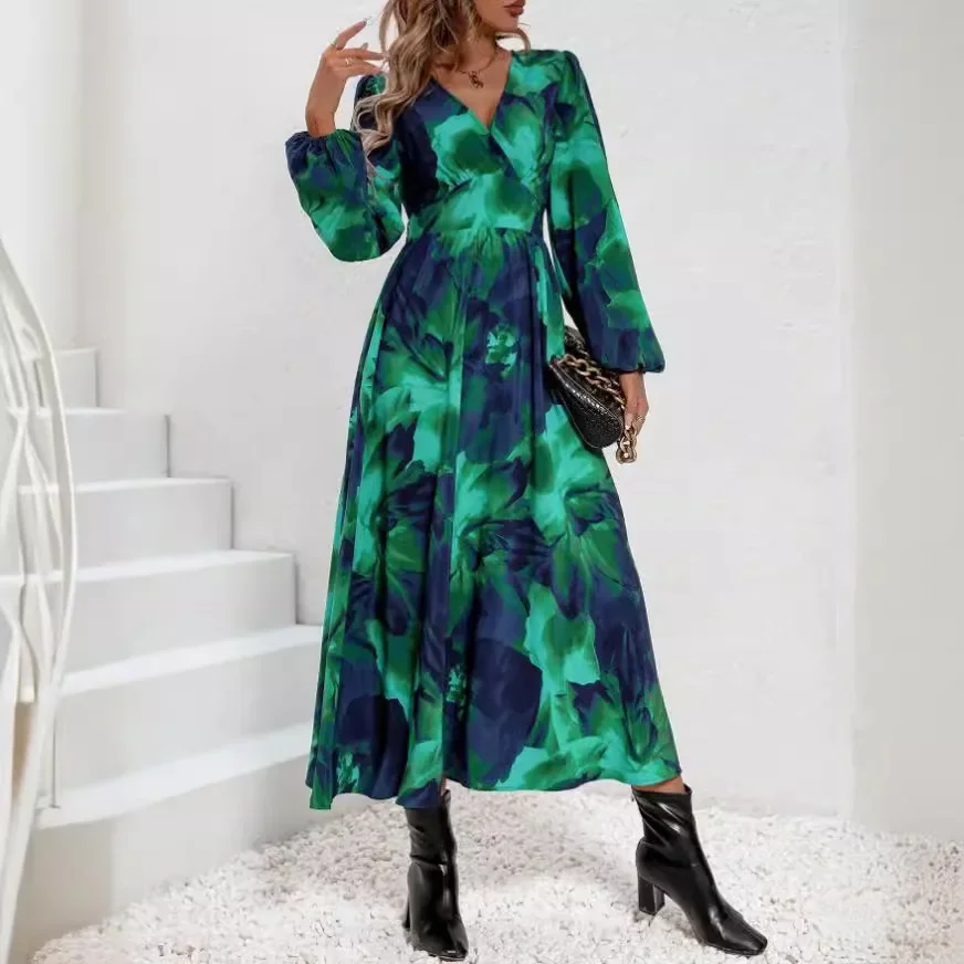 

Sping Casual Long Sleeve High Waist V-neck Beach Woman Chiffon Dresses autumn Bohemian Women Maxi Dress Floral Vestidoes Mujer