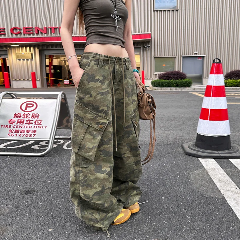 Benuynffy التمويه طباعة الرباط البضائع الدنيم السراويل النسائية الأمريكية الرجعية Y2k الشارع الشهير عادية فضفاض واسعة الساق بنطلون